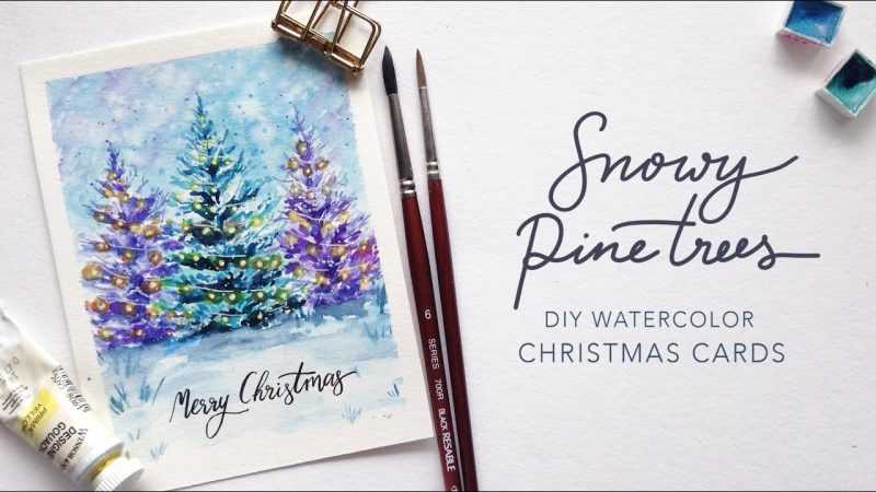Christmas Lights on Snowy Pine Trees: DIY Watercolor Christmas Cards
